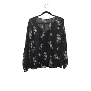 Zac & Rachel Black Sheer floral V-Neck Blouse